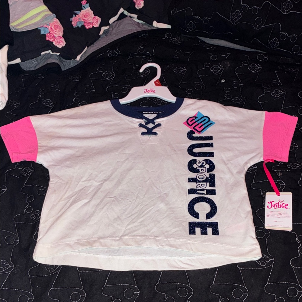 Justice White Tee with Pink and Navy Accents
